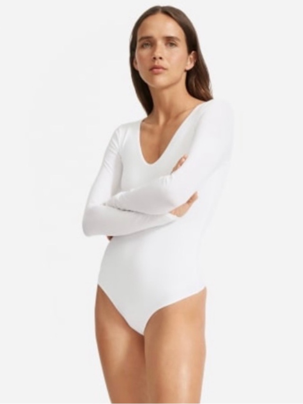 Everlane The Long-Sleeve Supima V-Neck Bodysuit White Thong Size Small NWT New